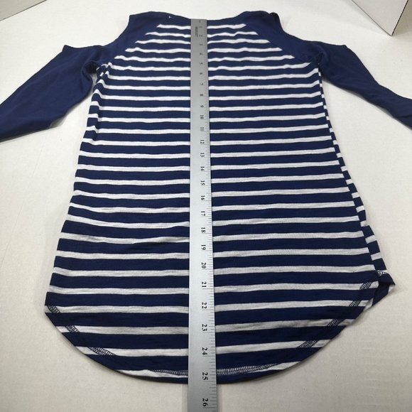 So Women Sz XS Shirt Relaxed Fit Peek-a-boo Shoulders Blue White Stripe Preowned - Picture 13 of 13